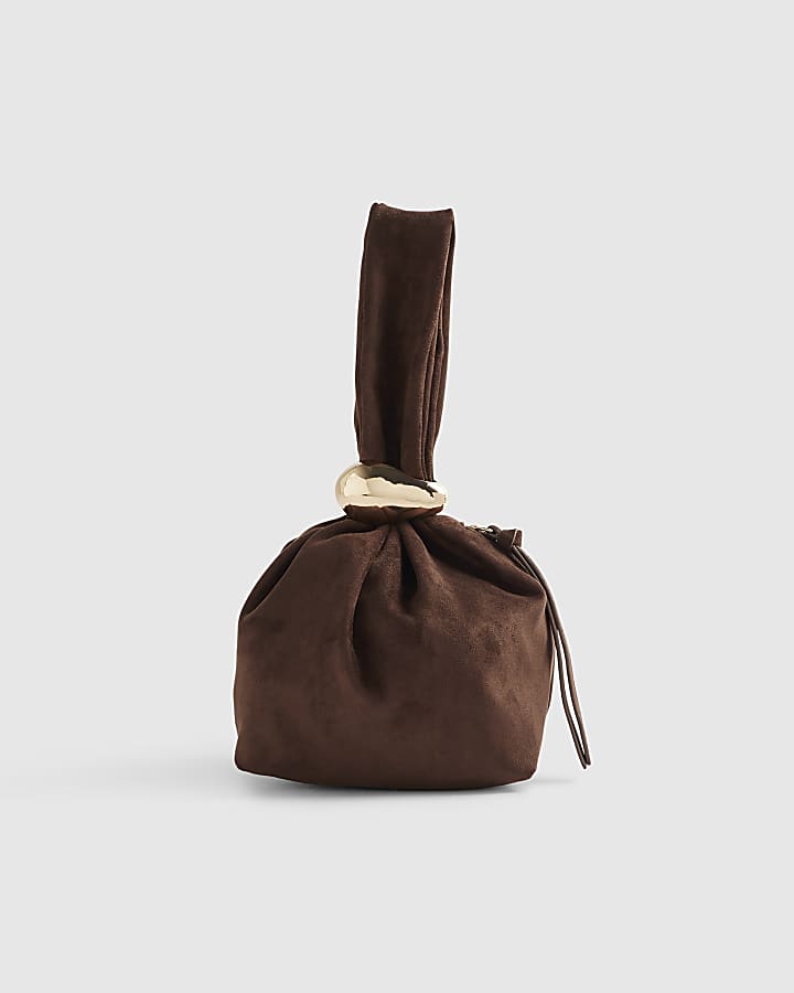 Brown Faux Suede Gold Detail Clutch Bag