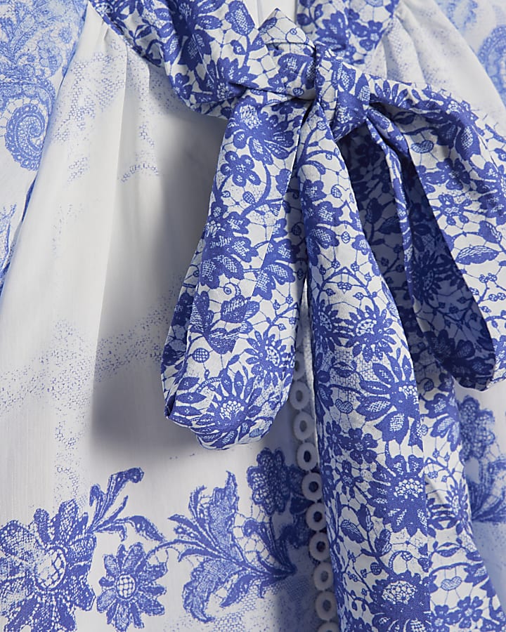 Blue Floral Pussybow Blouse