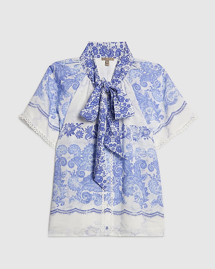 Blue Floral Pussybow Blouse