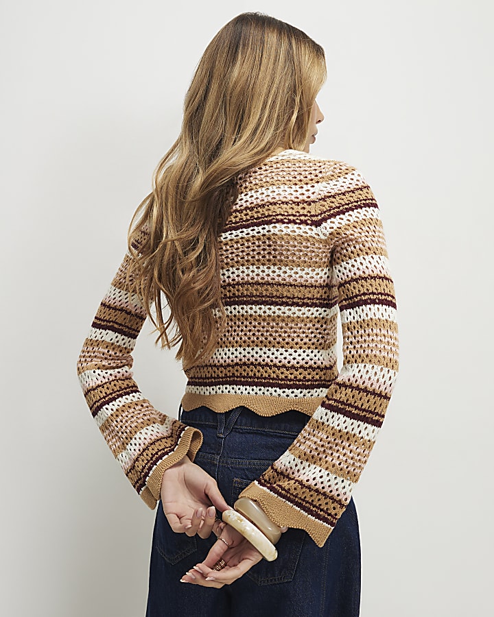 Beige Crochet Knit Striped Cardigan