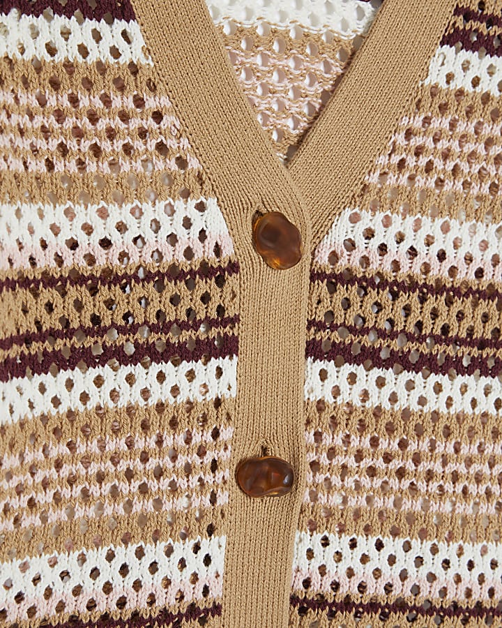 Beige Crochet Knit Striped Cardigan