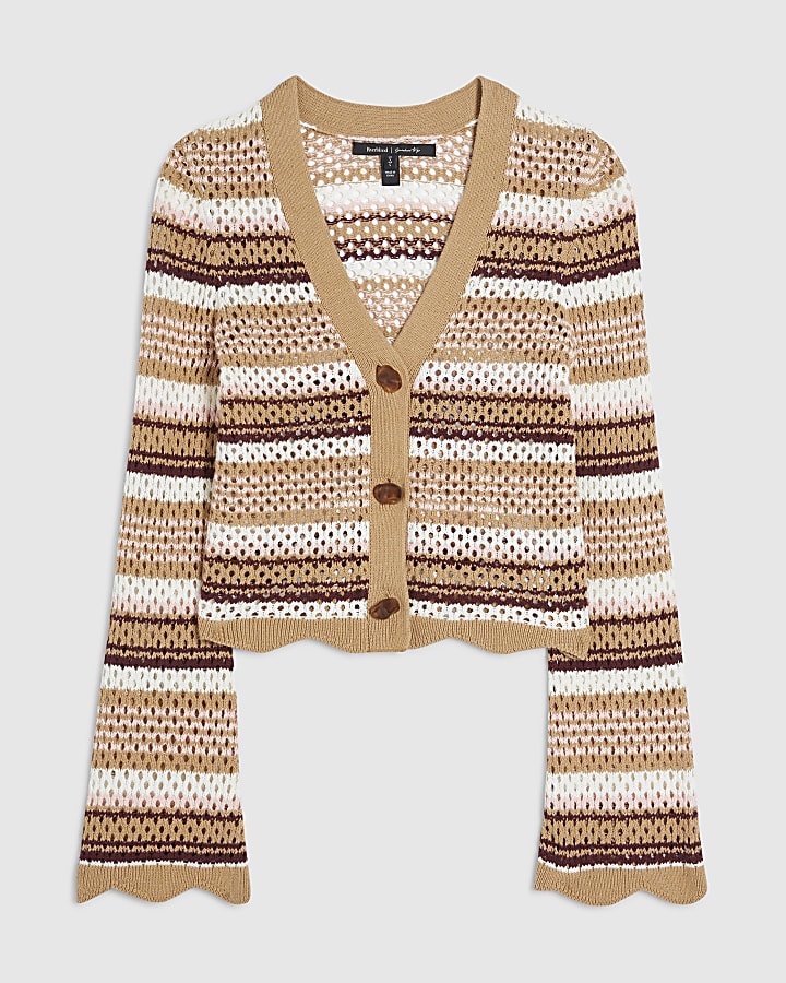 Beige Crochet Knit Striped Cardigan
