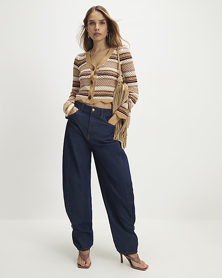 Beige Crochet Knit Striped Cardigan