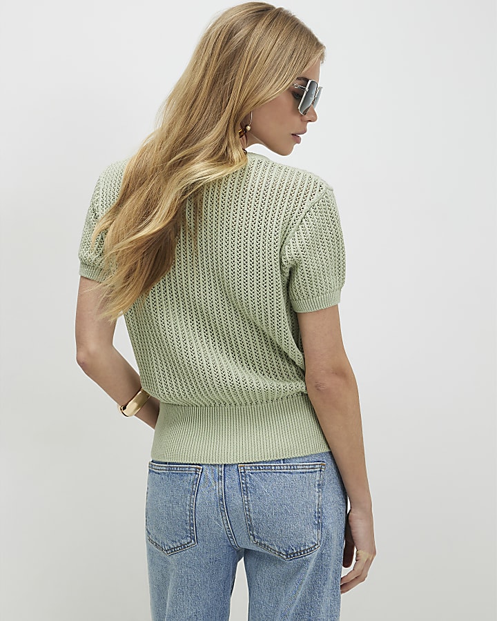 Green Knitted Button Through T-Shirt