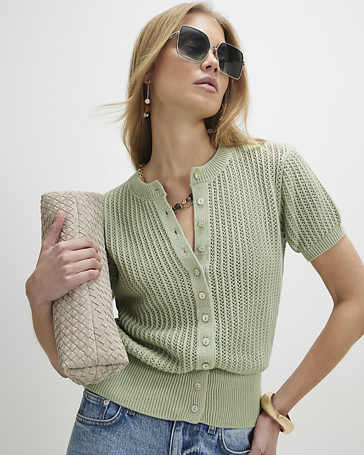 Green Knitted Button Through T-Shirt