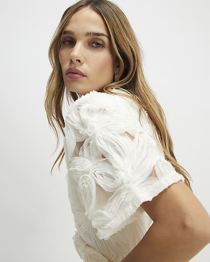 Cream Short Sleeve 3D Floral Top