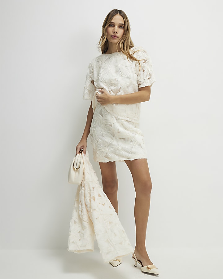 Cream Short Sleeve 3D Floral Top