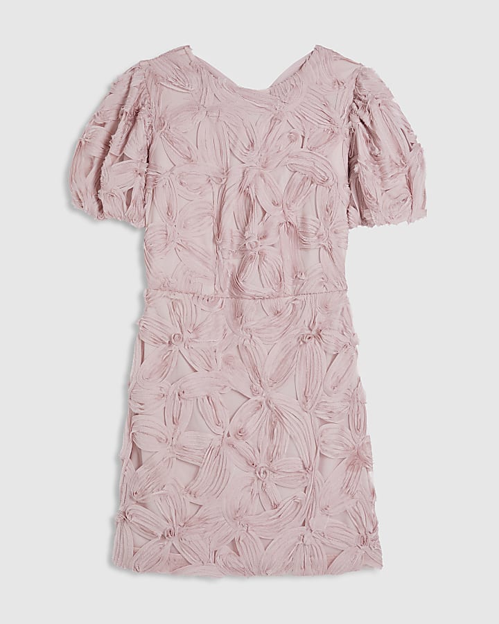 Pink Puff Sleeve 3D Floral Mini Dress