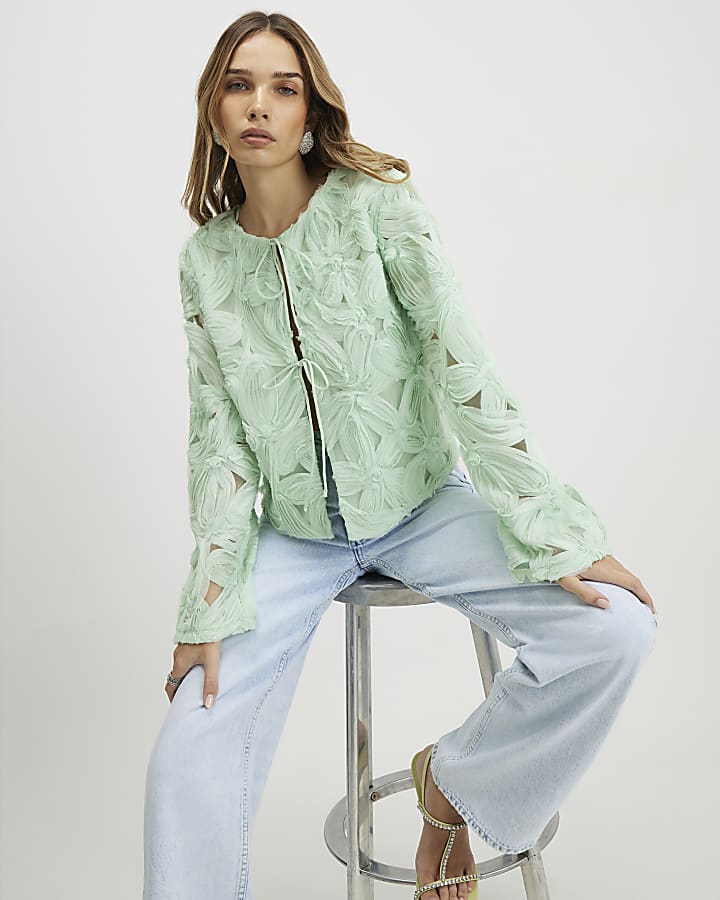 Green 3D Flower Tie Front Jacket