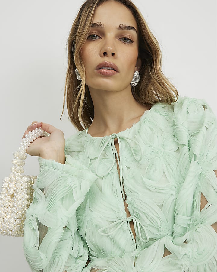 Green 3D Flower Tie Front Jacket