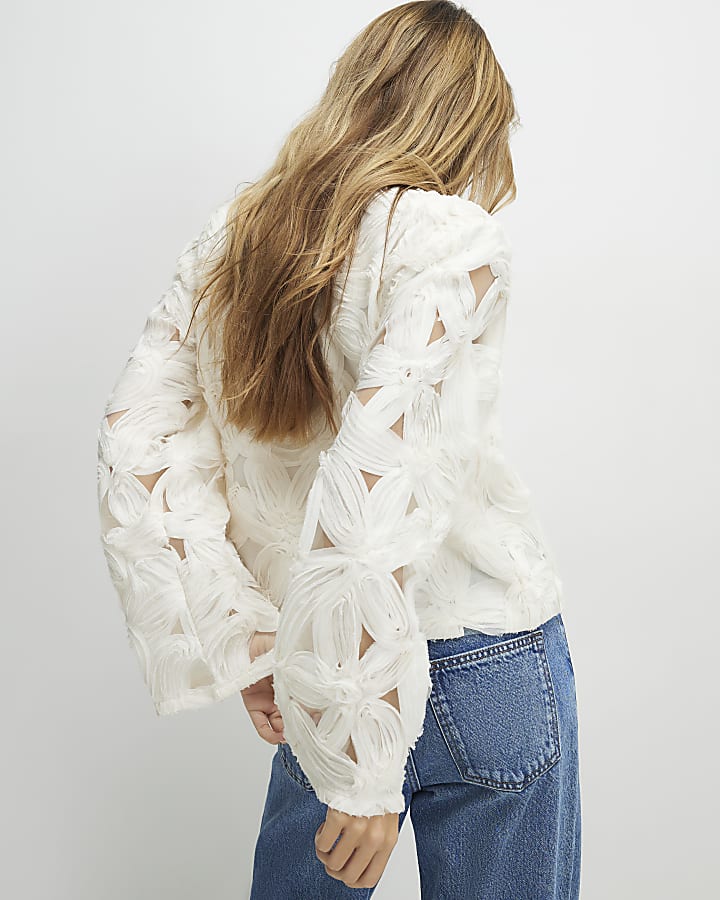Cream Long Sleeve 3D Floral Jacket