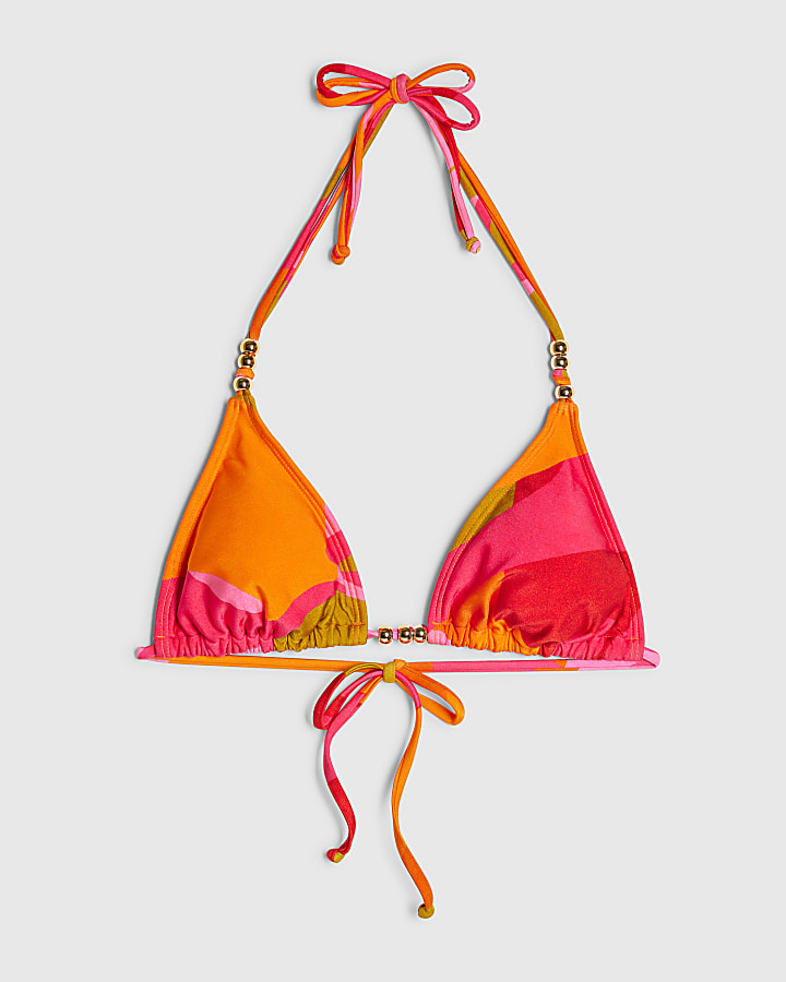 Pink Leaf Print Triangle Bikini Top