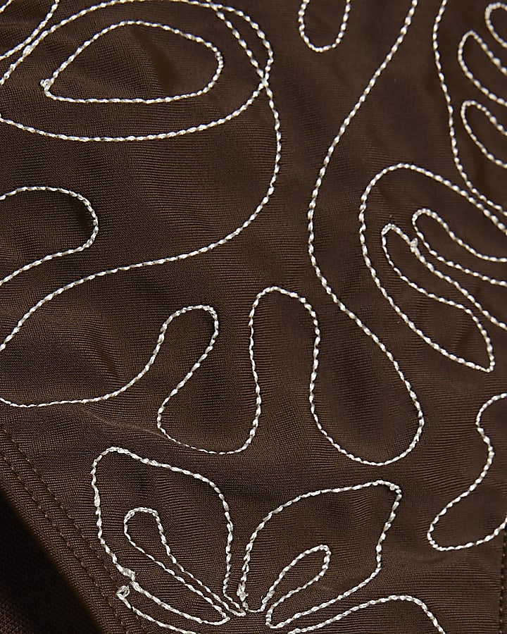 Brown Embroidered Tie Side Bikini Bottoms