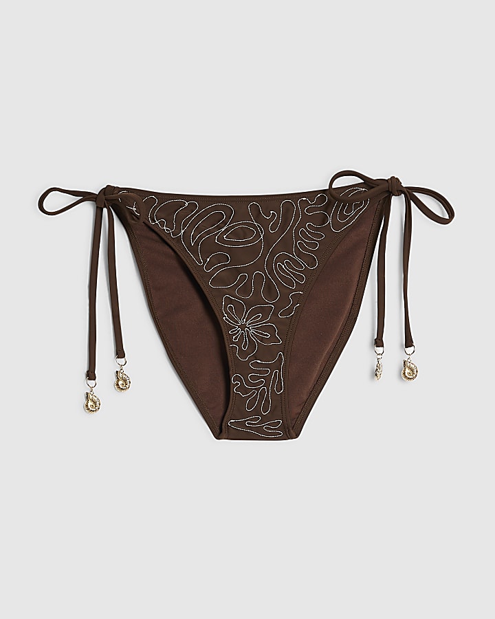 Brown Embroidered Tie Side Bikini Bottoms