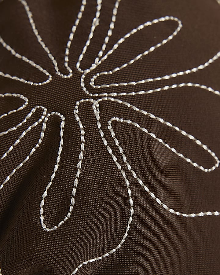 Brown Embroidered Triangle Bikini Top