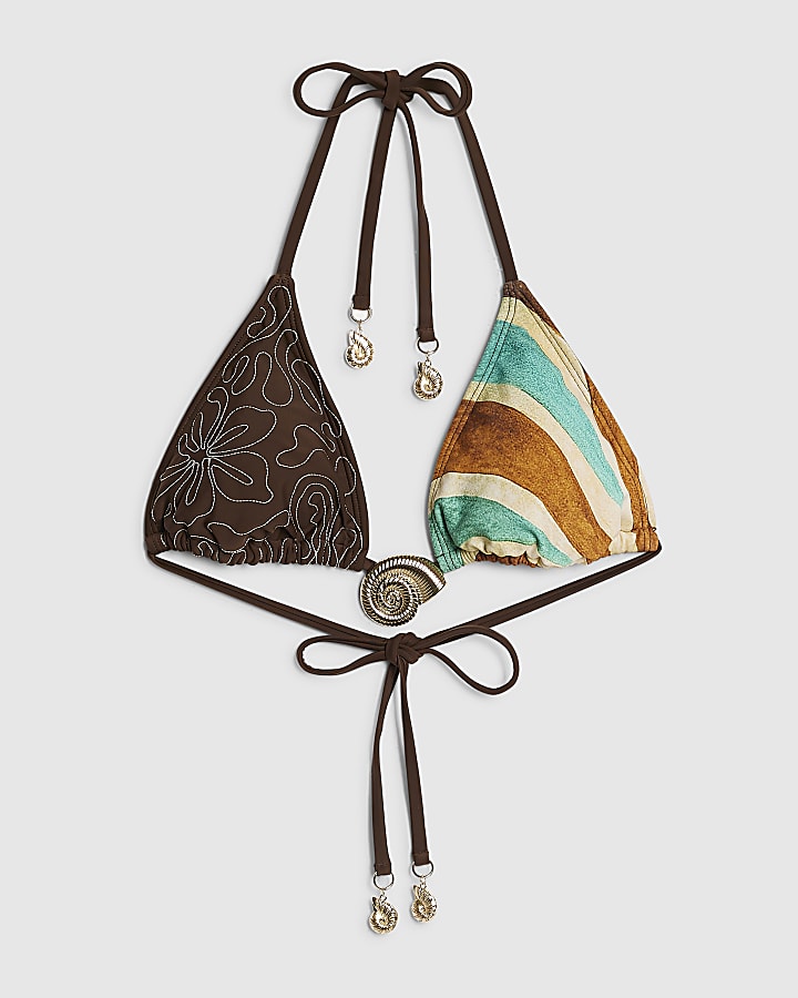 Brown Embroidered Triangle Bikini Top