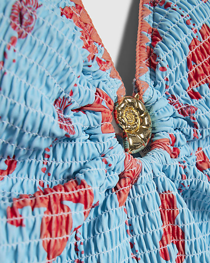 Blue Shirred Palm Print Swimsuit