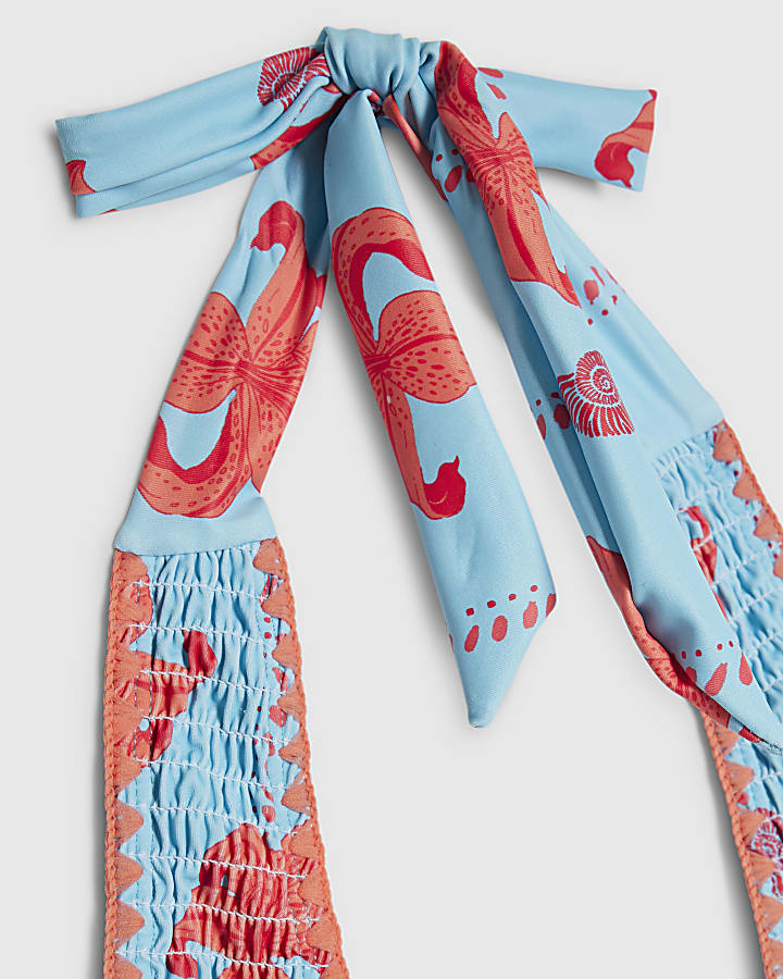 Blue High Apex Shirred Palm Print Bikini Top