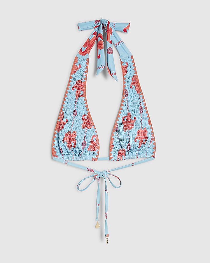 Blue High Apex Shirred Palm Print Bikini Top