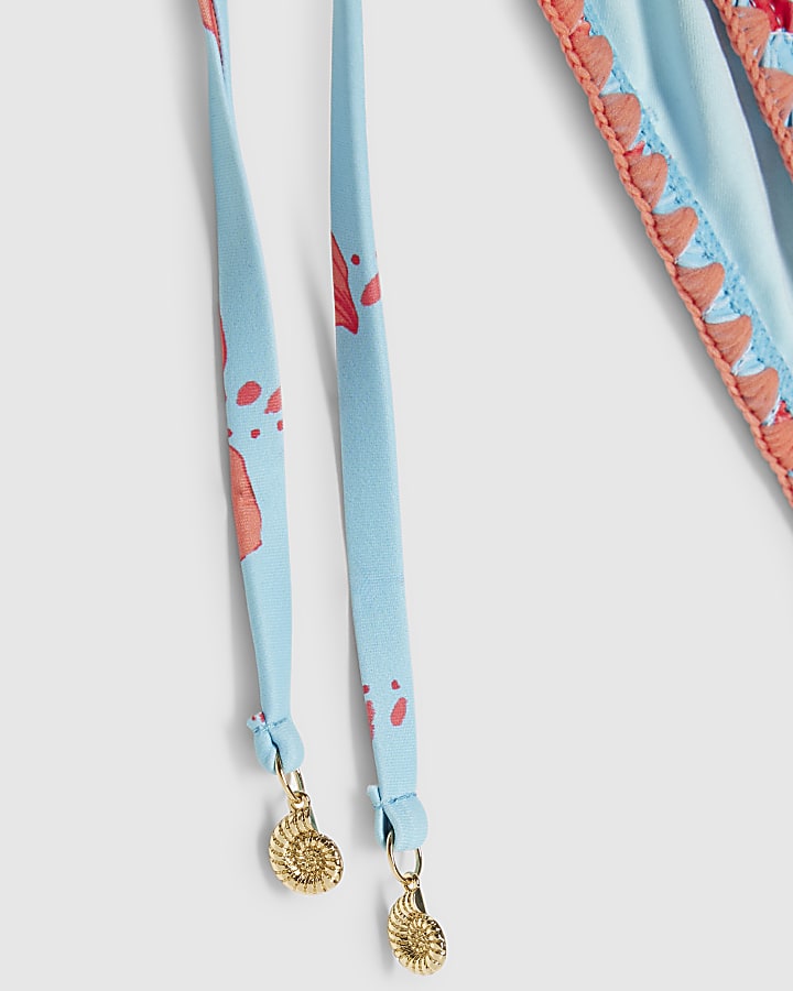 Blue High Leg Shirred Palm Bikini Bottoms