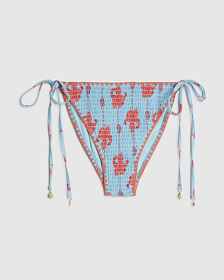 Blue High Leg Shirred Palm Bikini Bottoms