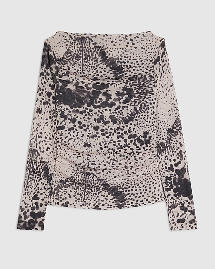 Beige Long Sleeve Boat Neck Spot Print Top