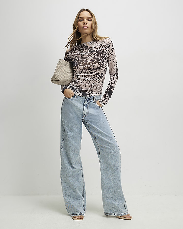 Beige Long Sleeve Boat Neck Spot Print Top