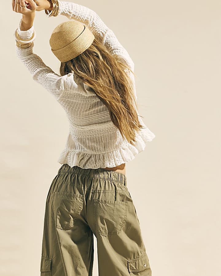 Cream Long Sleeve Ruffle Peplum Top