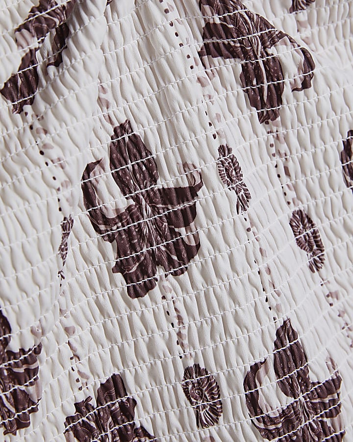 Brown Shirred Palm Print Swimsuit