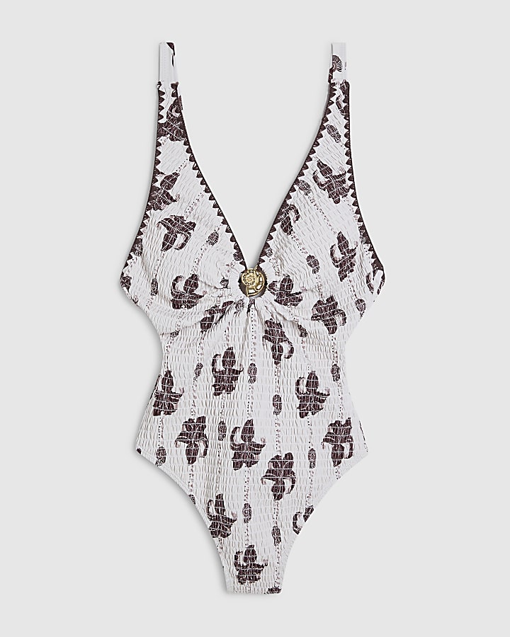 Brown Shirred Palm Print Swimsuit