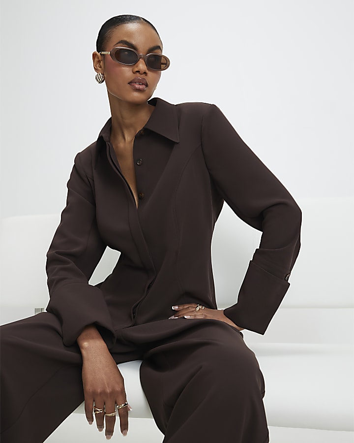 Brown Long Sleeve Tie Back Shirt