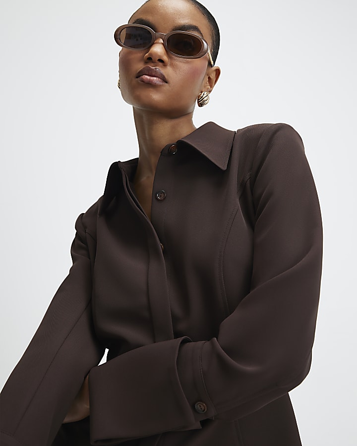 Brown Long Sleeve Tie Back Shirt