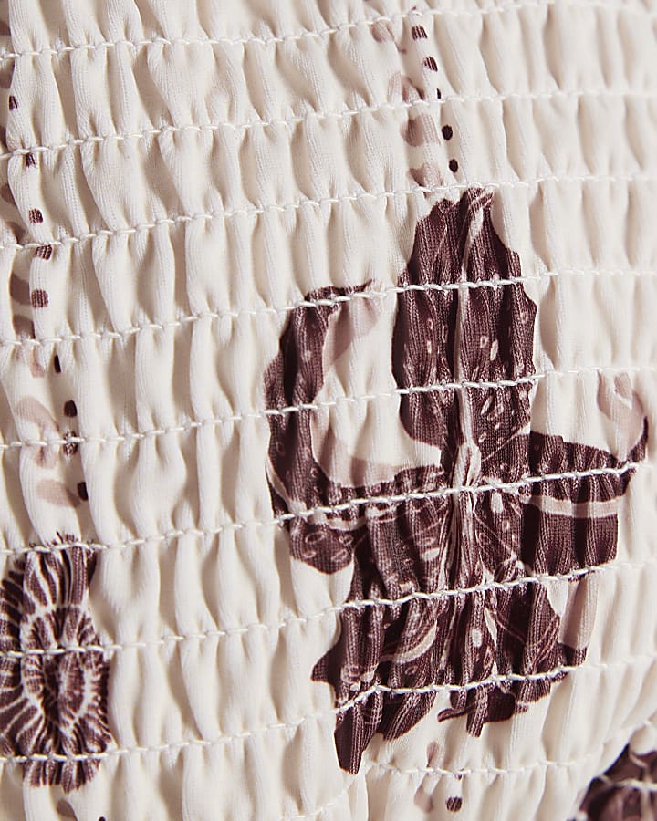 Brown High Apex Shirred Palm Print Bikini Top