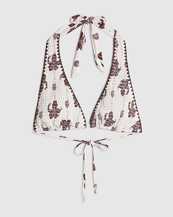 Brown High Apex Shirred Palm Print Bikini Top