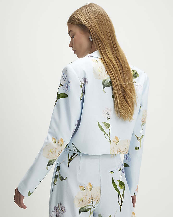 Blue Linen Blend Floral Cropped Blazer