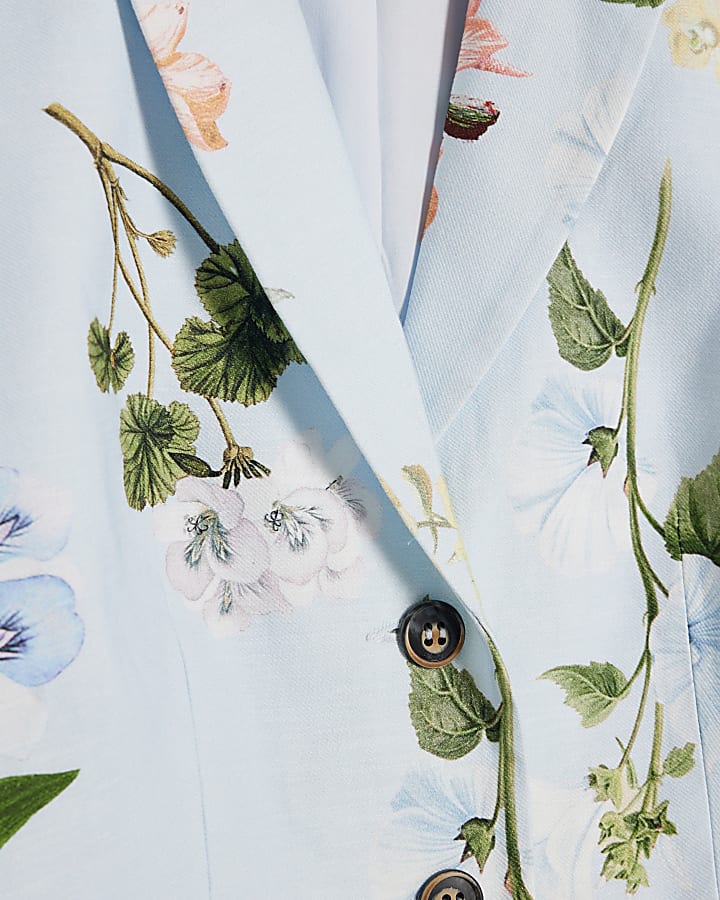 Blue Linen Blend Floral Cropped Blazer