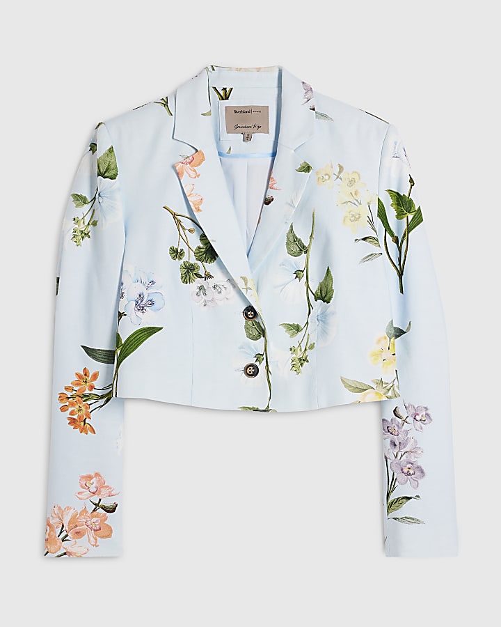 Blue Linen Blend Floral Cropped Blazer