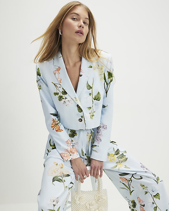 Blue Linen Blend Floral Cropped Blazer