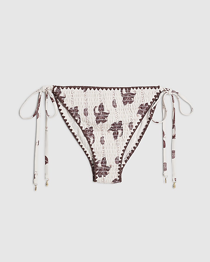 Brown High Leg Shirred Palm Bikini Bottoms