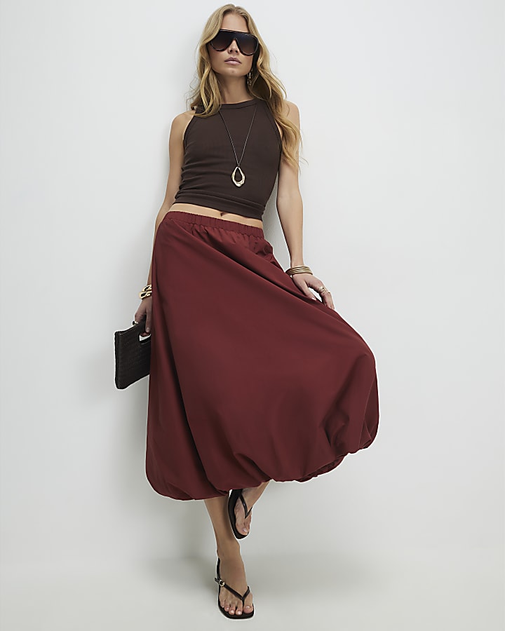 Red Bubble Hem Midi Skirt