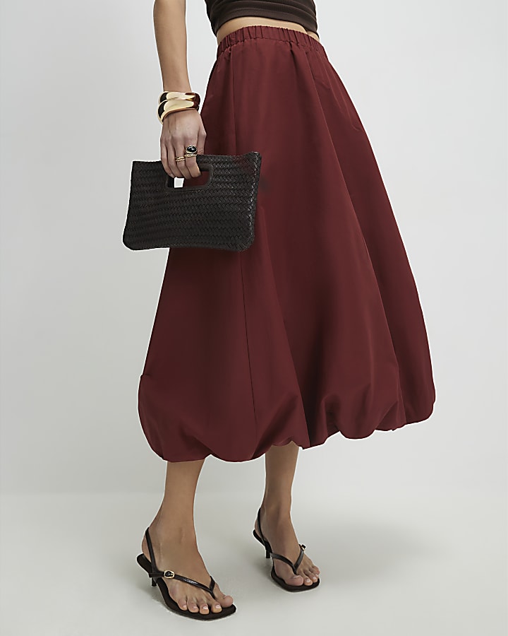 Red Bubble Hem Midi Skirt