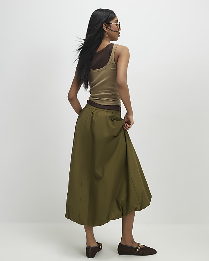 Khaki Bubble Hem Midi Skirt