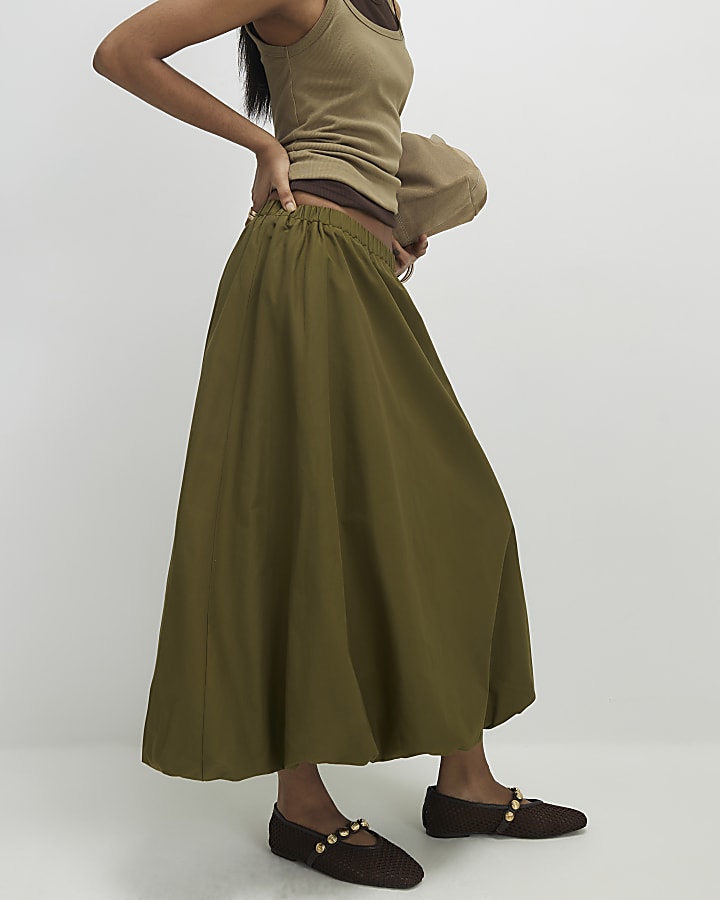 Khaki Bubble Hem Midi Skirt