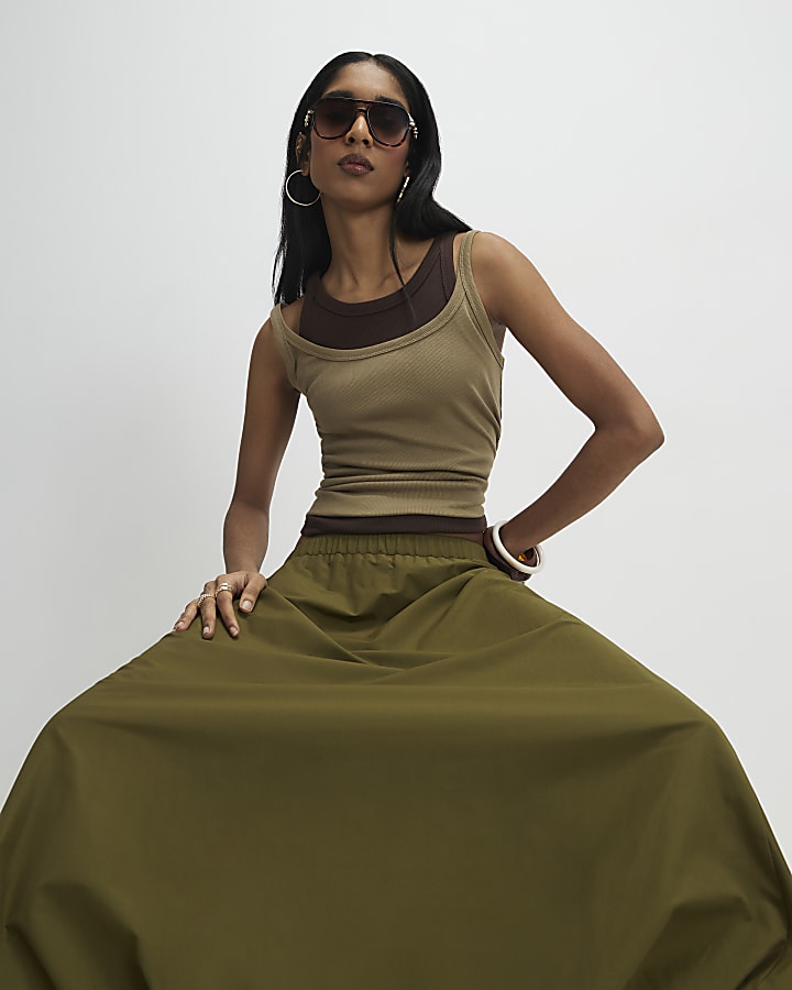 Khaki Bubble Hem Midi Skirt