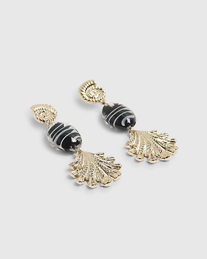 Gold Shell Stripe Bead Drop Earrings