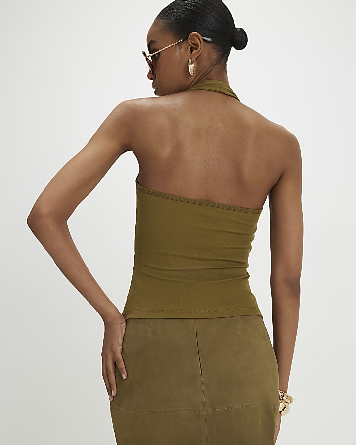 Khaki Halter Neck Tank Top