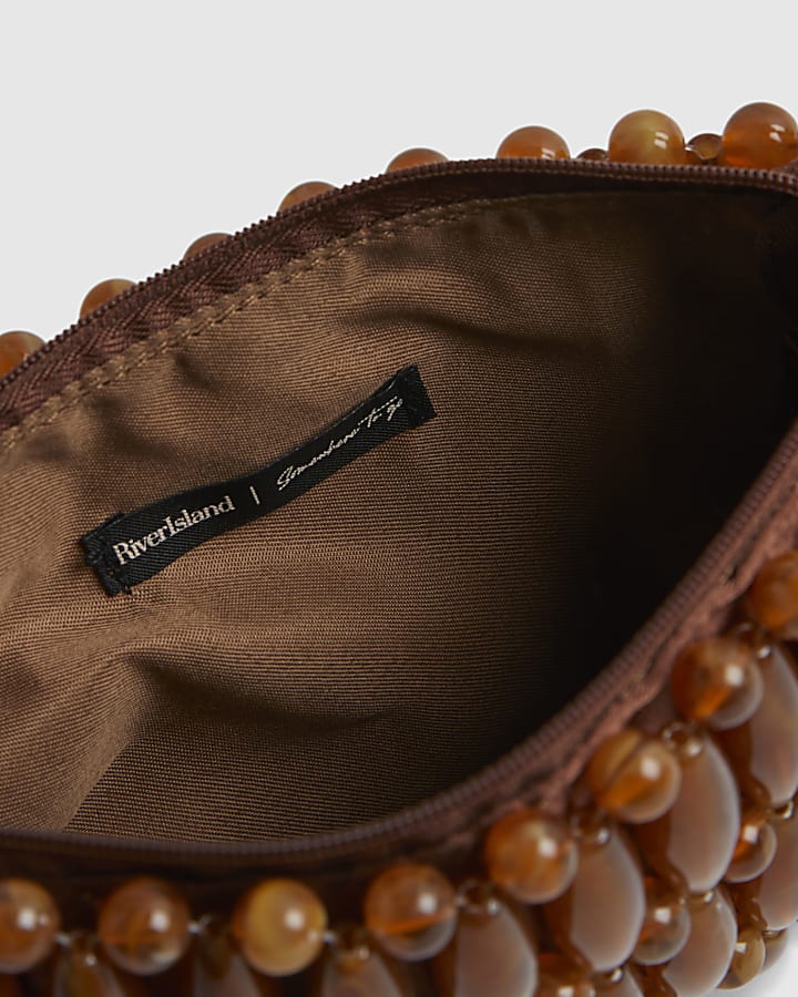 Brown Beaded Clutch Bag