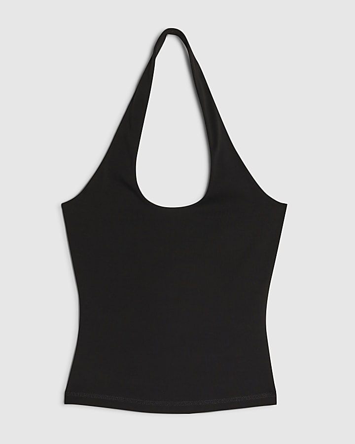 Black Cotton Blend Halter Neck Tank Top