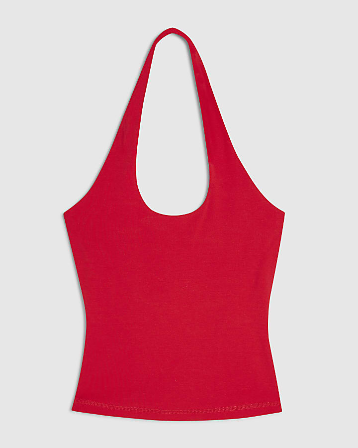 Red Cotton Blend Halter Neck Tank Top