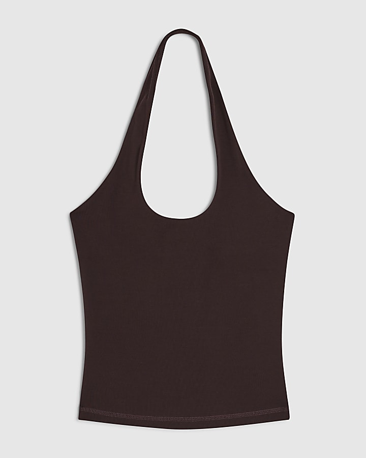Brown Cotton Blend Halter Neck Tank Top